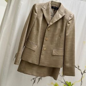 Kasper suit, tan colored with a gold thread woven through, skirt and jacket, 4P